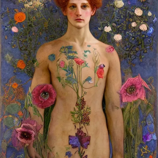 Image similar to the flower prince, by Annie Swynnerton and Annie Stegg Gerard, embroidered robes, floral tattoos, bioluminescent, elaborate costume, geometric ornament, symbolist, soft colors, dramatic lighting, smooth, sharp focus, extremely detailed