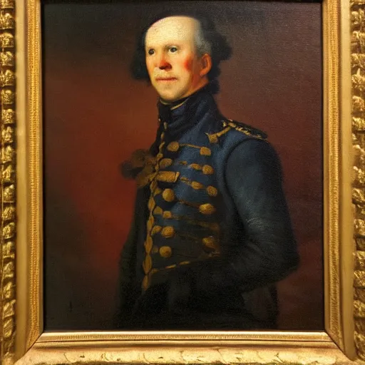 Prompt: oil portrait painting by rembrandt peale of allan janus in revolutionary war uniform.