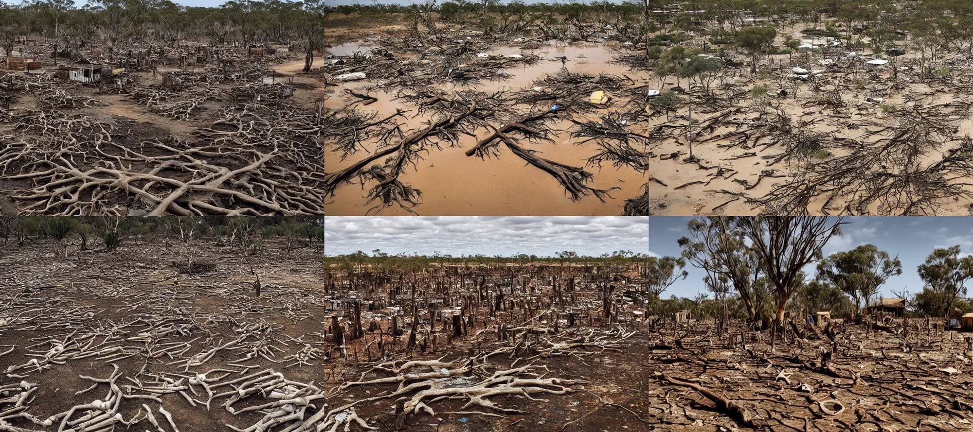 Prompt: a shanty town, fishing village, set in outback australia, dead trees, dry cracked land, flooded ground, skulls on the ground, bones on the ground, weeds, ultra realistic, photograph