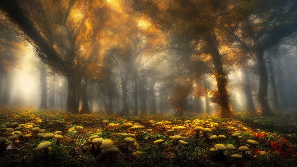 Image similar to amazing landscape photo of a forest of mushrooms by marc adamus, beautiful dramatic lighting