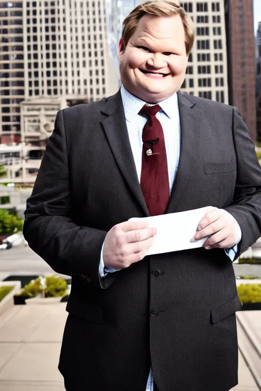 Image similar to full body shot, andy richter wearing a brown suit and necktie and black work boots, ultra hd photo, 3 5 mm close up, fish eye, realistic, smiling, holding a postcard from chicago,