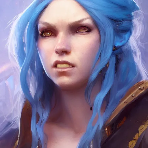 Prompt: a detailed portrait of a woman pirate with blue hair, by justin gerard and greg rutkowski, digital art, realistic painting, dnd, character design, trending on artstation