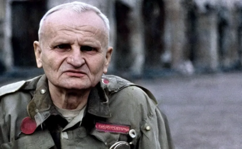 Image similar to Old Karol Wojtyła in a still from the movie Full Metal Jacket (1987), 4k, high quality