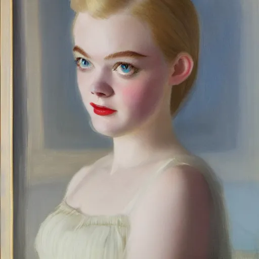 Prompt: Painting of Elle Fanning in a 50s ad, long blonde hair, delicate, pale milky white porcelain skin, by Edward Hopper. 8K. Extremely detailed.