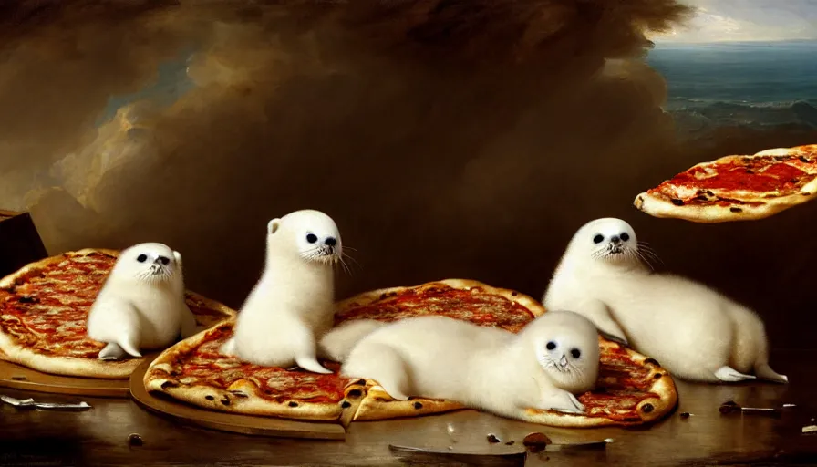 Image similar to highly detailed painting of cute furry white baby seals having a pizza party by william turner, by greg rutkowski, by william constable, thick brush strokes and visible paint layers, 4 k resolution