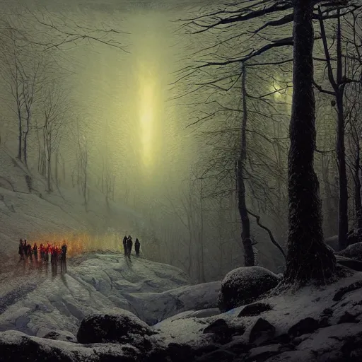 Prompt: a beautiful painting of group of climbers, extreme cold, storm, octane rendering, volumetric lightning, hyperrealism, no blur, 4 k resolution, ultra detailed, style of john atkinson grimshaw, ivan shishkin, tyler edlin, anato finnstark, edward robert hughes