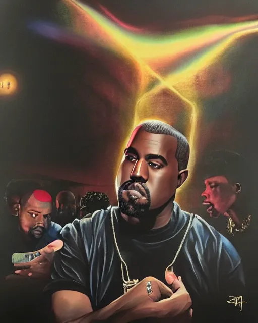 Image similar to kanye west in donda listening party mercedes benz stadium, airbrush, drew struzan illustration art, key art, movie poster