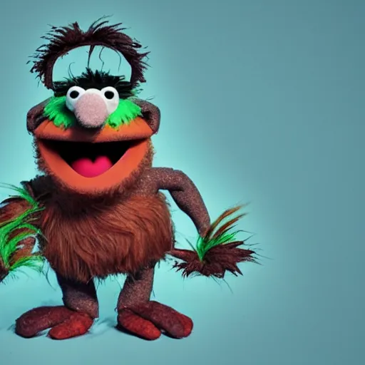 Image similar to a still of a forgotten muppet character looking very manly and modern, hilarious, laughing, hairy chest, huge chin, manly monster tough guy, roughled fur, photo real, photographic, photograph, artstation, trending, featured