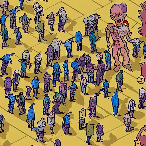 Prompt: a search and find illustration of a zombie horde and surrounded survivors of a zombie apocalypse, isometric view, digital art, illustration