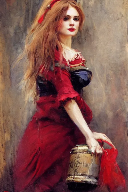 Image similar to Solomon Joseph Solomon and Richard Schmid and Jeremy Lipking victorian genre painting full length portrait painting of a young beautiful woman traditional german french Brigitte Bardot barmaid in fantasy costume, red background