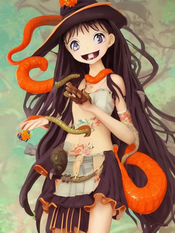 Image similar to A goodsmile anime figure Full shot of a cute mischievous young witch about to get up to some trouble with her playful snake familiar. Latin American fashion. Floral patterns. Black and Orange palette. Magic. Latina girl. brown skin. defined facial features, symmetrical facial features. Smiling. Key Art. Fantasy Illustration. award winning, Artstation, intricate details, realistic, Hyperdetailed, 8k resolution.