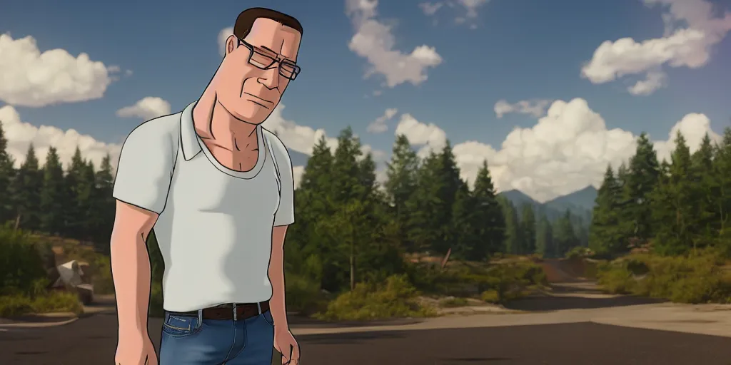 Image similar to hank hill from king of the hill, hyperrealistic, concept art, octane render, unreal engine 5, trending on Artstation, high quality, 8K, dramatic lighting, cinematic, high coherence, highly detailed, Midjourney style, epic scene, path traced, low contrast, complementary colors