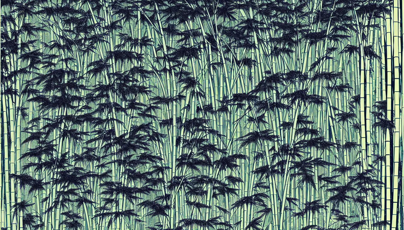 Prompt: bamboo grove with large ferns by woodblock print, nicolas delort, moebius, victo ngai, josan gonzalez, kilian eng