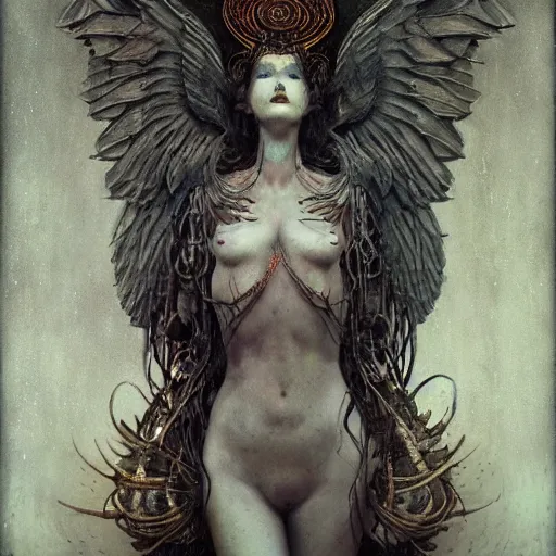 Prompt: wet plate photography of goddess with one wing reaching infinity and hungry souls around by Klimt, Artificial Nightmares drawn by Peter Mohrbacher, Zdzisław Beksiński and thu berchs James Gurney unreal engine octane, Trending on artstation