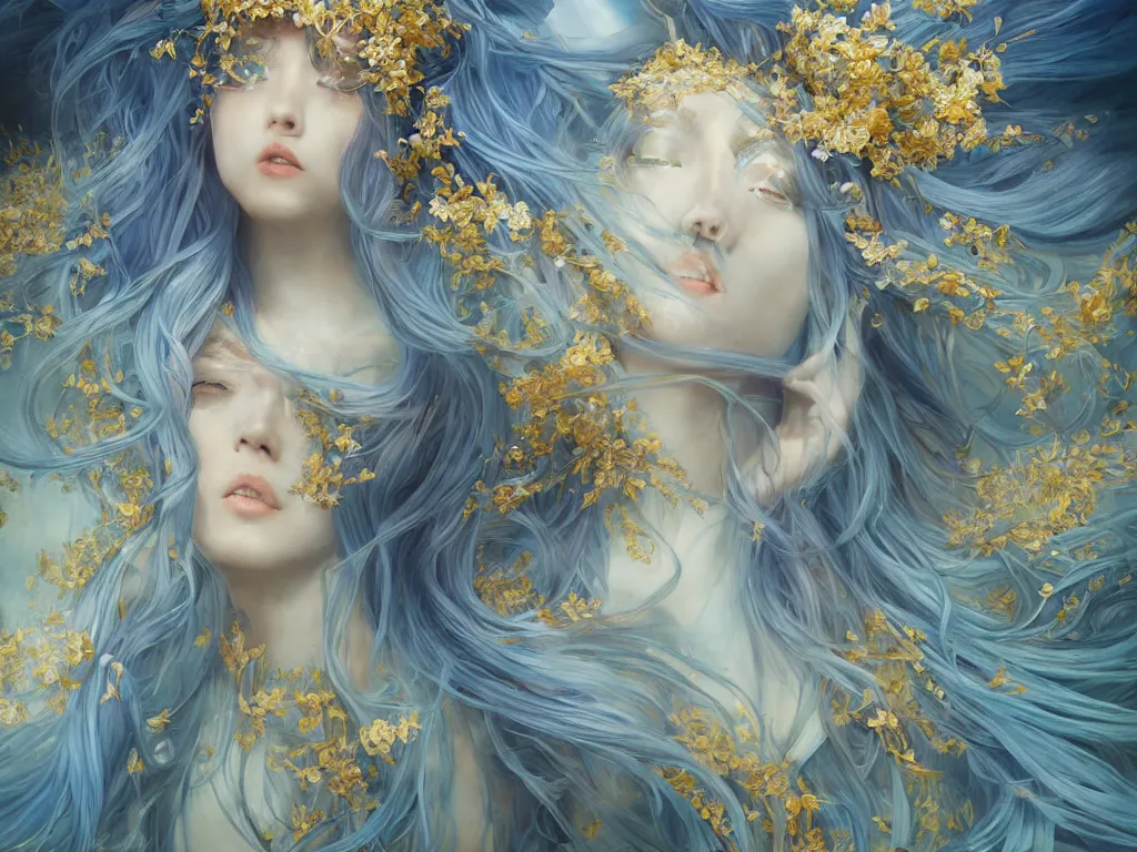Image similar to breathtaking detailed painting of a full shot knight queen with long flowing bright blue hair, pastel flowers petals and golden tumultuous clouds, art by pilyeon and yuumei art, symmetrical facial features, at dawn in front of a pristine golden art nouveau cathedral, elegant, volumetric lighting, highly detailed, artstation, concept art, matte, sharp focus,