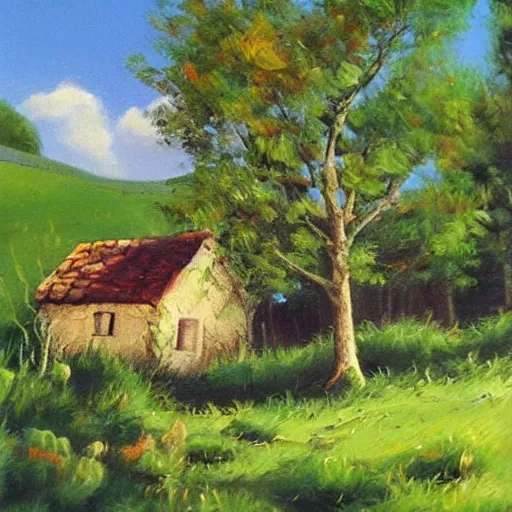 Image similar to little house in the countryside on a sunny day, forest, realistic, detailed, peaceful, brush strokes, oil painting