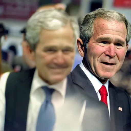 Prompt: photograph of George W. Bush cosplaying as Cloud Strife, Anime Expo, Comiket, 4k