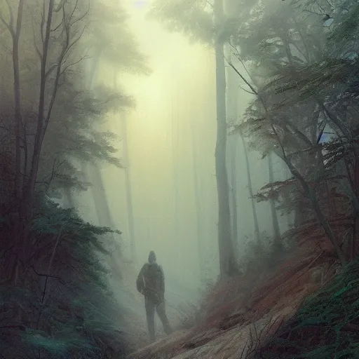 Image similar to a person holding a guide rod on a winding trail through mist. many paths can be seen on the mountain side, but none seem to connect. mist covers most of the scene | painting by james gurney | mystical and lost | iron rod | trending on artstation