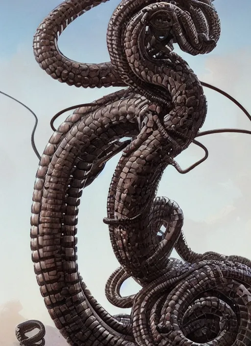 Image similar to Medusa, mechanical snakes of different sizes, detailed face, very detailed, dramatic lighting, electrical details, high details, 4k, 8k, trending on artstation, by Greg Rutkowski, Wayne Barlowe, Hajime Sorayama and Boris Vallejo