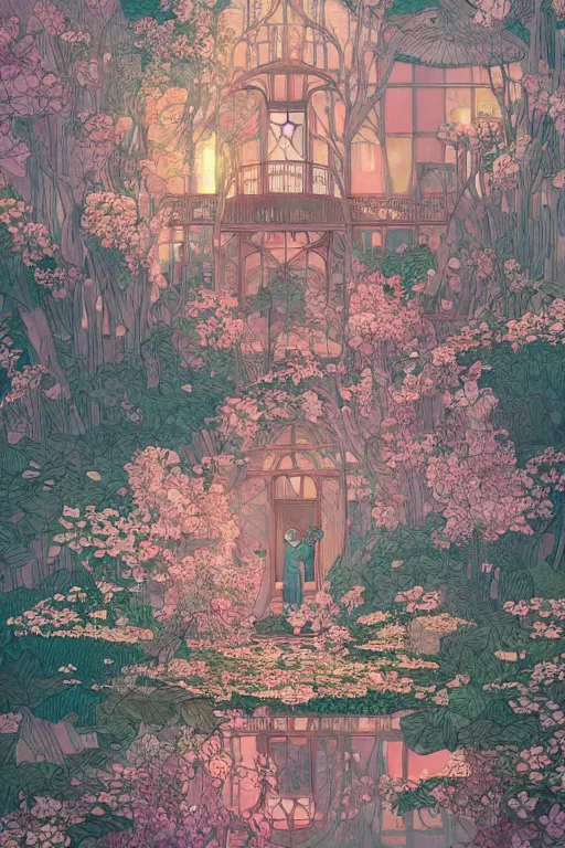 Image similar to a beautiful hyperdetailed 2 d illustration victo ngai style of absolutely beautiful blooming flower house alone, perfectly shaded, atmospheric lighting, style of studio ghibli, makoto shinkai, raphael lacoste, louis comfort tiffany, artgerm, james jean, ross tran, chinese style