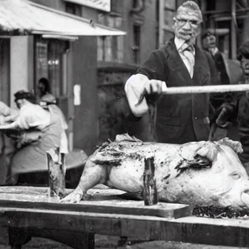 Prompt: roasting pig on a spit with samuel beckett's face