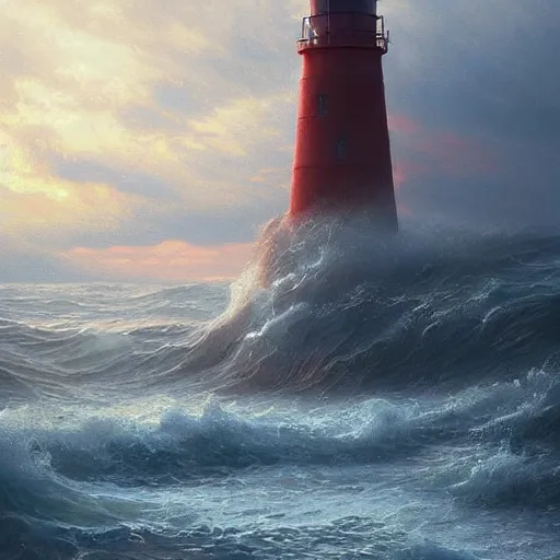 Prompt: A beautiful painting of a singular lighthouse, shining its light across a tumultuous sea of blood by greg rutkowski and thomas kinkade, Trending on artstation - n 4