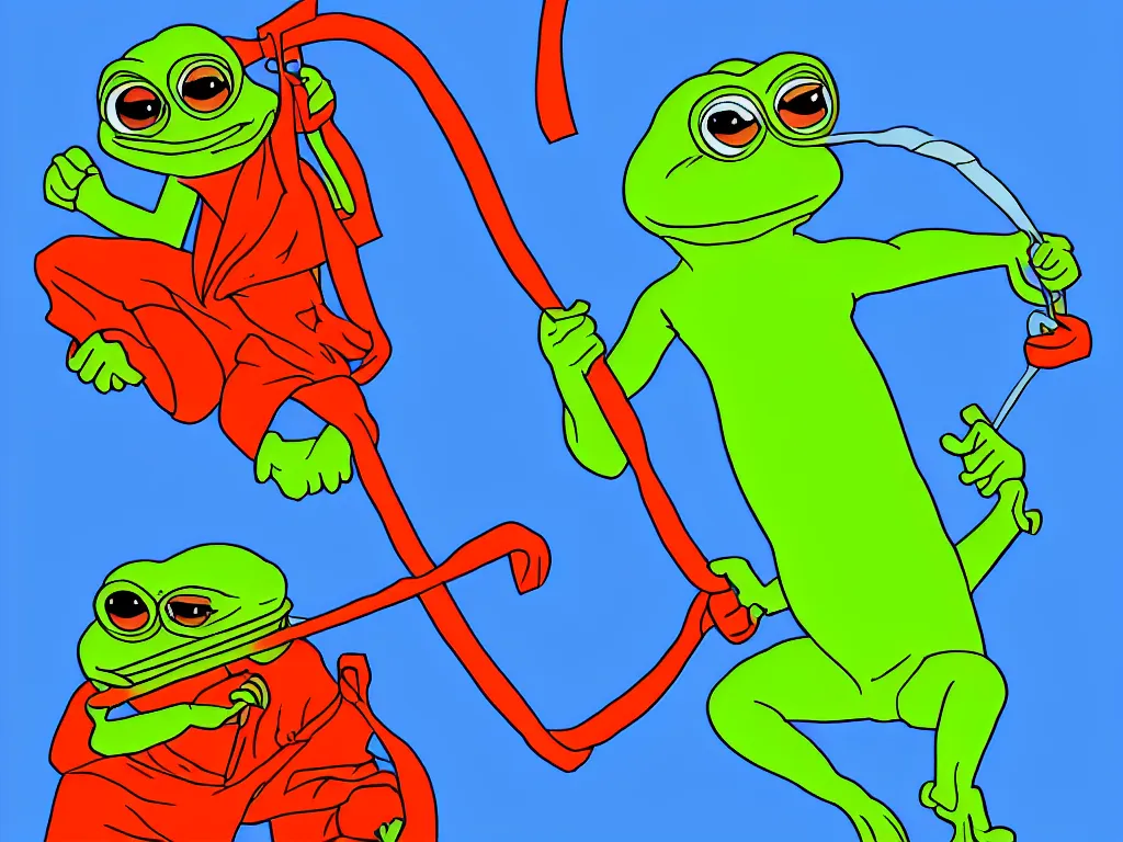 Image similar to illustration of a pepe the frogs with a whip, stunning scene, perfect face, bright colors, 4 k resolution, trending on artstation