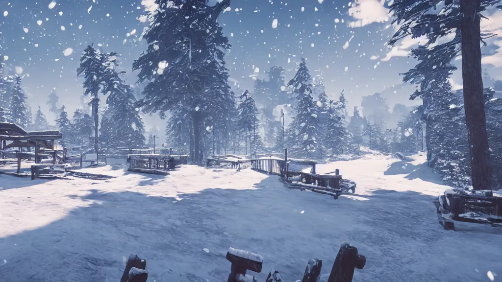 Image similar to beautiful Nier Automata landscape at a ski station, winter