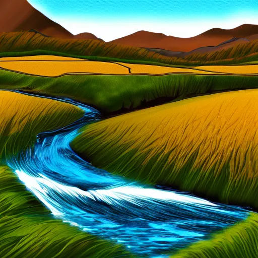 Image similar to digital art painting of a river running through the plains, very mediocre, not detailed at all.