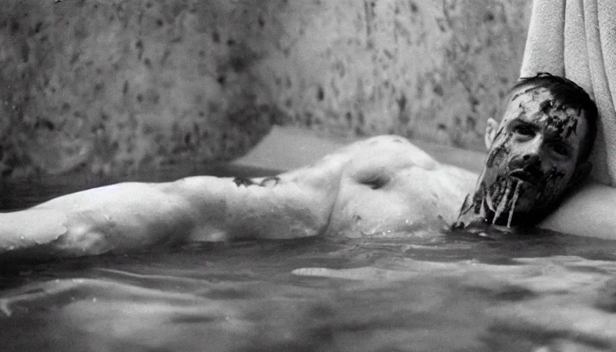 Prompt: hyper detailed movie still of marat knife at the chest, in a bath flooded with blood, cinestill 8 0 0 t 3 5 mm, high quality, heavy grain, high detail, cinematic composition, dramatic light, anamorphic, ultra wide lens, hyperrealistic, by josef sudek