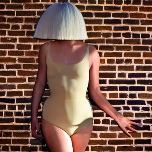 Image similar to sia furler wearing a skin colored leotard full body artistic photoshoot