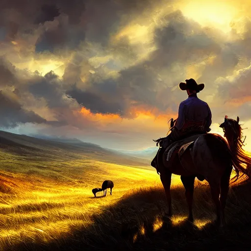 Image similar to cowboy on a hill, colorful, dramatic lighting, detailed, intricate, elegant, highly detailed, digital painting, artstation, concept art, smooth, sharp focus, illustration