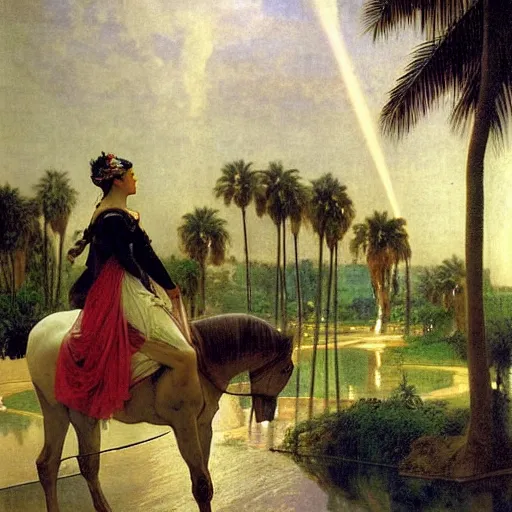 Image similar to Girl riding a horse leaving the castle through the bridge, thunderstorm, beach and palm trees on the background major arcana sky, by paul delaroche, alphonse mucha and arnold böcklin arnold böcklin hyperrealistic 8k, very detailed