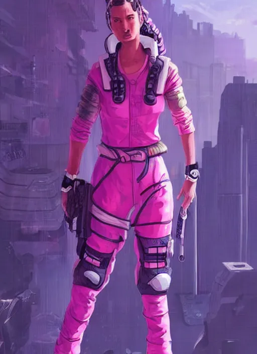 Image similar to maria. apex legends cyberpunk athlete in pink jumpsuit. concept art by james gurney and mœbius. cinematic, dramatic lighting, high detail 4 k