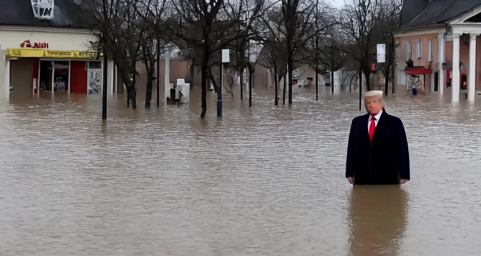 Prompt: Donald Trump visiting a small german town that is being flooded, movie screenshot, dramatic scene