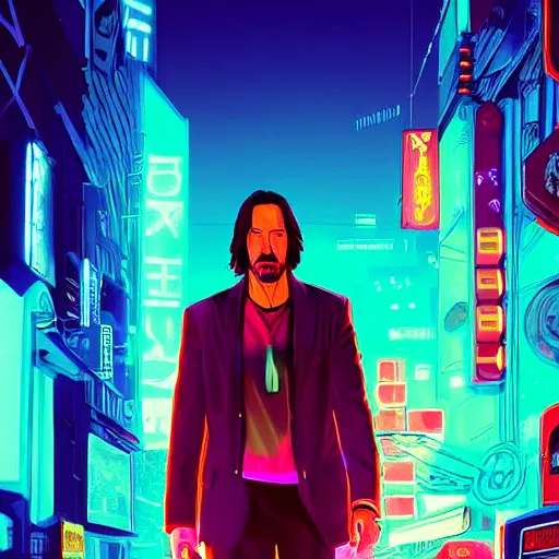 Prompt: portrait of Keanu Reeves on neon street in Cyberpunk city, synthwave, artstation art, night, professional light