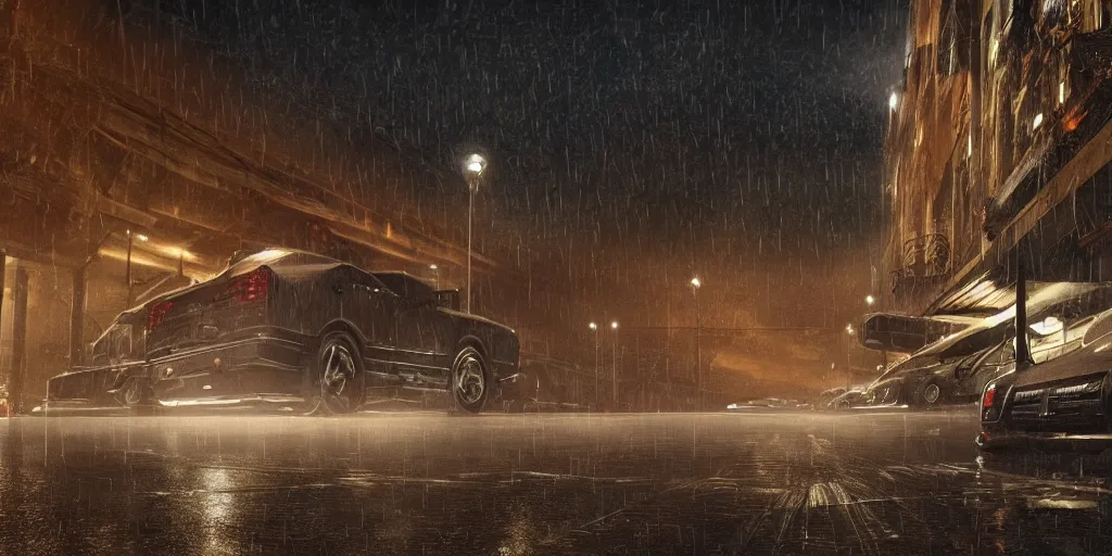 Prompt: laying in a parking lot on a dark night, rain drizzling with blaring yet dim lights, realistic 4k octane beautifully detailed render, 4k post-processing, highly detailed, intricate complexity, epic composition, magical atmosphere, cinematic lighting, masterpiece, ultra hd