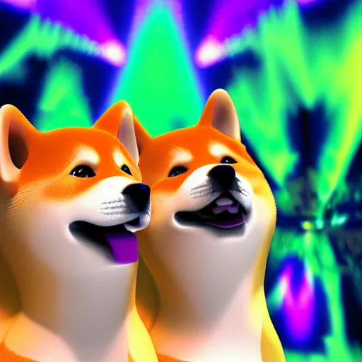 Image similar to two shiba inu in the psychedelic dmt fourth dimensional tunnel, octane 3 d render