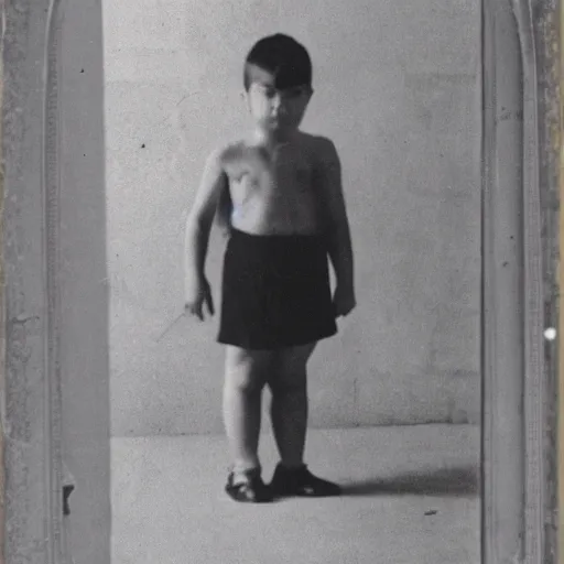 Prompt: A photograph of a young boy standing in front of a body length mirror. The boy is in a stone room. At night.