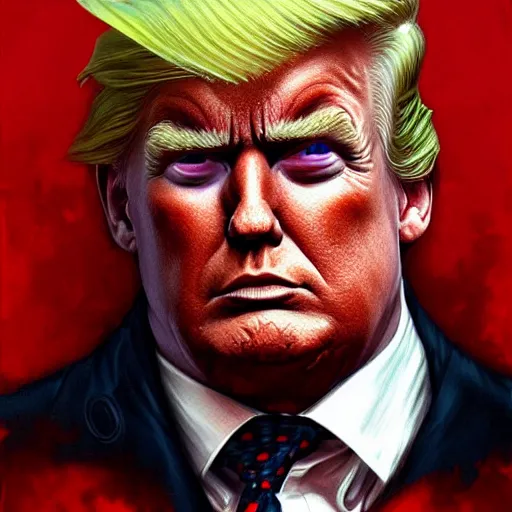 Image similar to portrait of Duke Nukem as Donald Trump, bloody, intricate, headshot, highly detailed, digital painting, artstation, concept art, sharp focus, illustration, art by artgerm and greg rutkowski and alphonse mucha