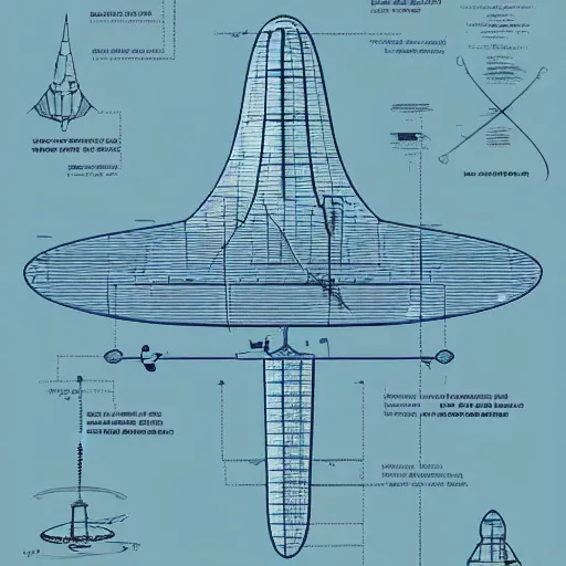 Image similar to technical drawing explaining the concept of ufo space ship, blueprint, detailed map, scientific, x - rays, infographic