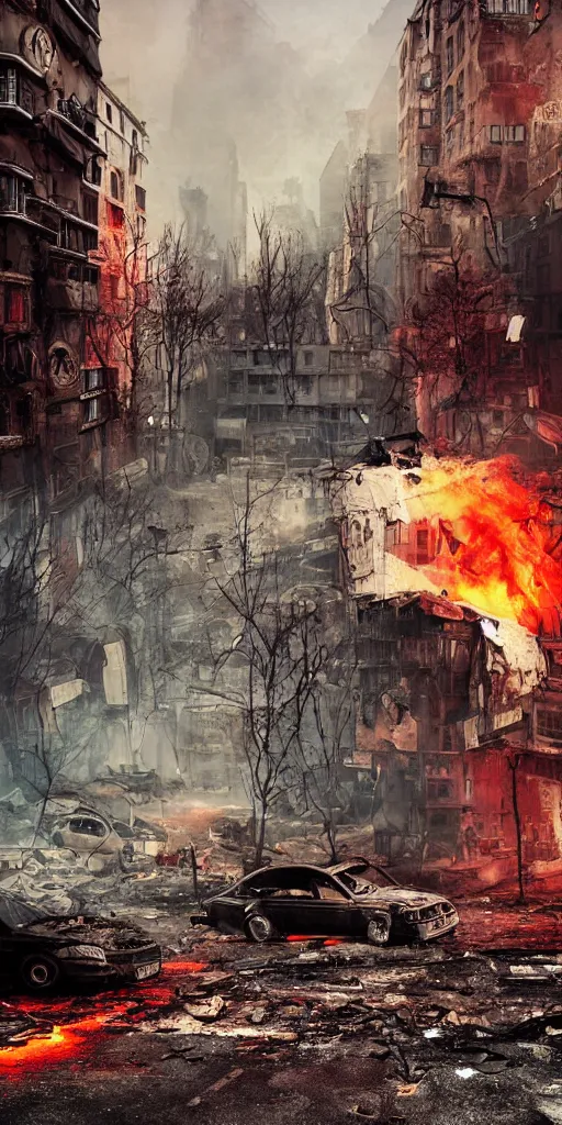 Prompt: post - apocalyptic kreuzberg streets, burned cars, explosions, colorful smoke, hyperrealistic, gritty, damaged, dark, urban photography, photorealistic, high details