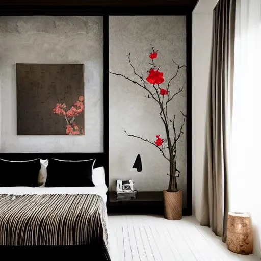 Image similar to bedroom, stone, interior design, stylish luxury hotel bedroom design, yakisugi, black vertical slatted timber, textures, feminine, black walls, art, vase with flowers, Japanese influences