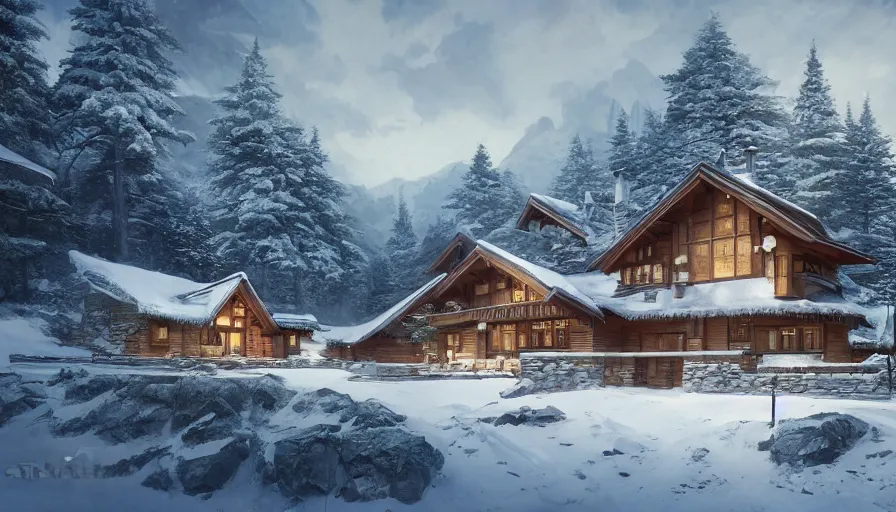 Image similar to A highly detailed matte painting of Modern chalet built in the snowy mountains, by Studio Ghibli, Makoto Shinkai, by Artgerm, by WLOP, by Greg Rutkowski, volumetric lighting, octane render, 4K resolution