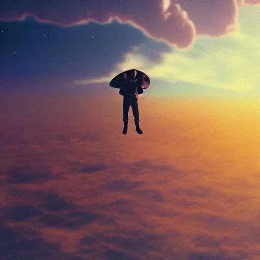 Image similar to Travis Scott floating over Earth, 4k, Aubrey Powell, vintage photo, beautiful cinematography, surreal, film grain