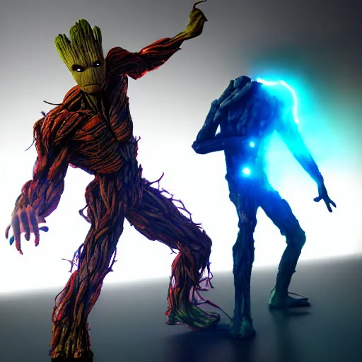 Image similar to groot and optimus prime dancing at techno party among people, wide shoot, octane render, ultra realistic