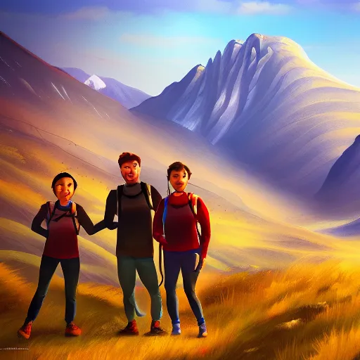 Prompt: of team in Armenia hiking at a weekend and posing with mountains on the background, the word Willow is in view like one in Hollywood, elegant, highly detailed, digital painting, volumetric light, artstation, concept art, smooth, sharp focus, illustration