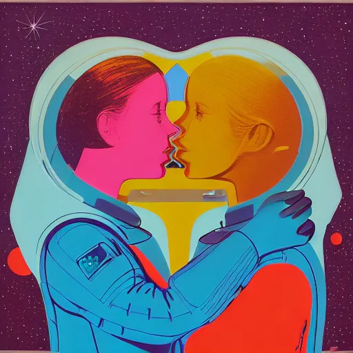 Prompt: portrait of two girls making out and love in astronaut suit by Andy warhol and Petros Afshar and Beeple, Edward Hopper and James Gilleard, Zdzislaw Beksinski, Mark Ryden, Wolfgang Lettl highly detailed