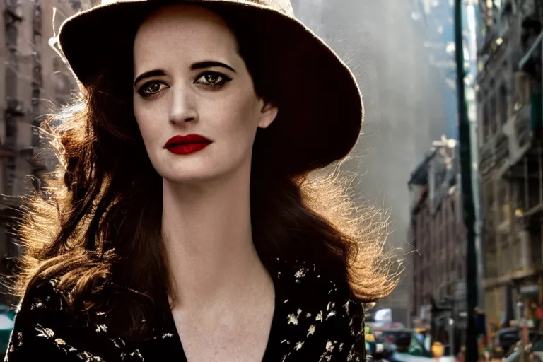 Prompt: closeup portrait Eva Green in a smoky new york back street, by Steve McCurry and David Lazar, natural light, detailed face, CANON Eos C300, ƒ1.8, 35mm, 8K, medium-format print