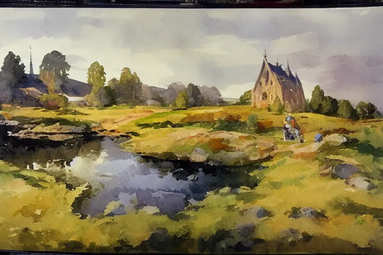 Prompt: small centered on watercolor paper, paint brush strokes, abstract watercolor painting of village outskirt, pond, rough rock, medieval chapel at dawn, cinematic light, national romanticism by hans dahl, by jesper ejsing, by anders zorn, by greg rutkowski, by greg manchess, by tyler edlin